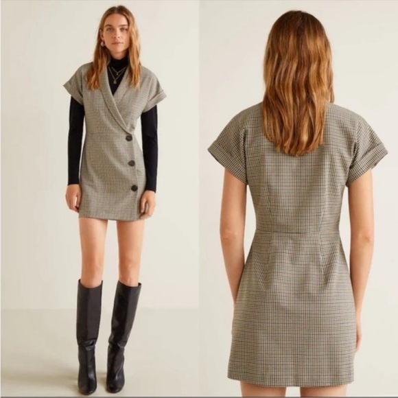 Mango Plaid Wrap Suit Mini Overall/Dress Size 6 Wrap Front Tan Neutral - Picture 1 of 7